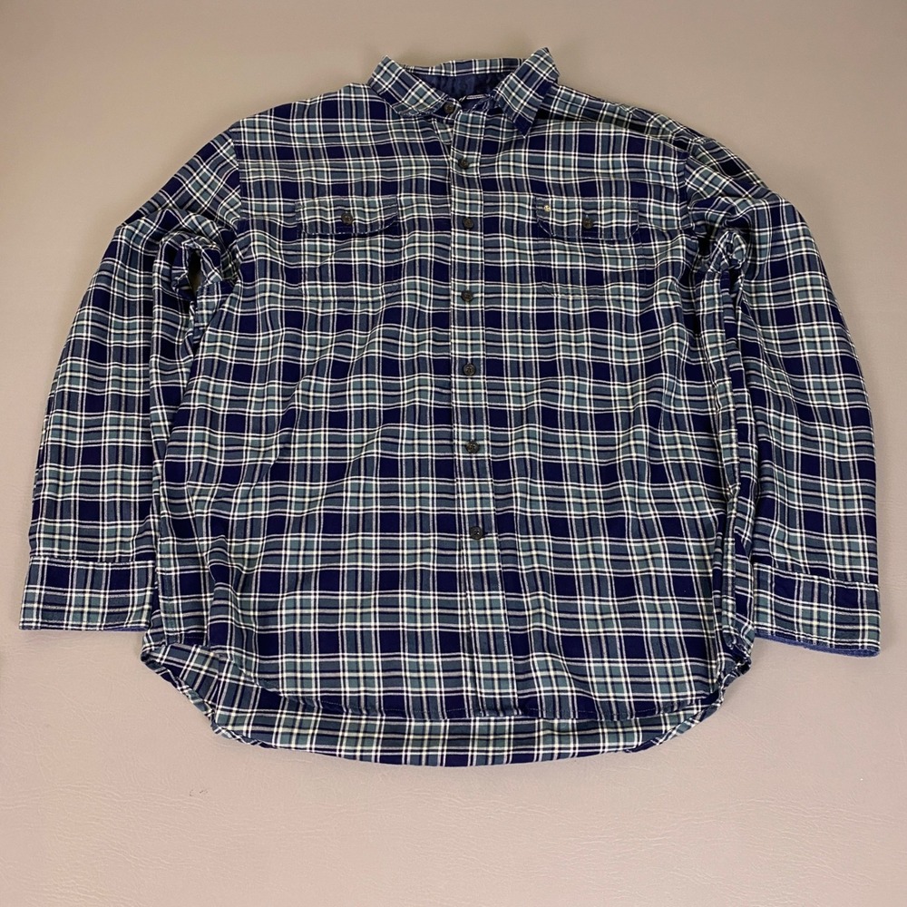 IZOD Saltwater Flannel Shirt Button Up Men's Size XXL Blue Green Plaid Relaxed